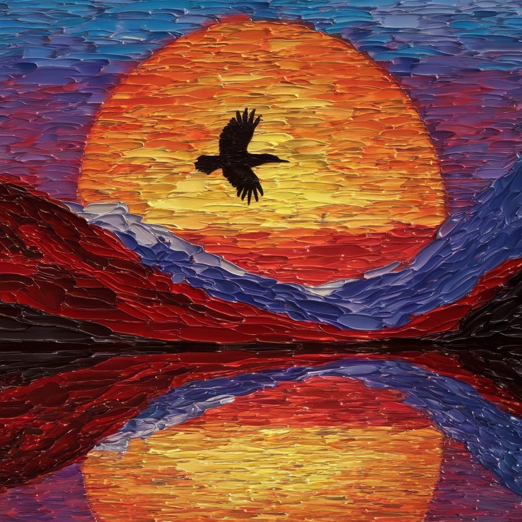 Raven in Flight across Vibrant Sunset Landscape