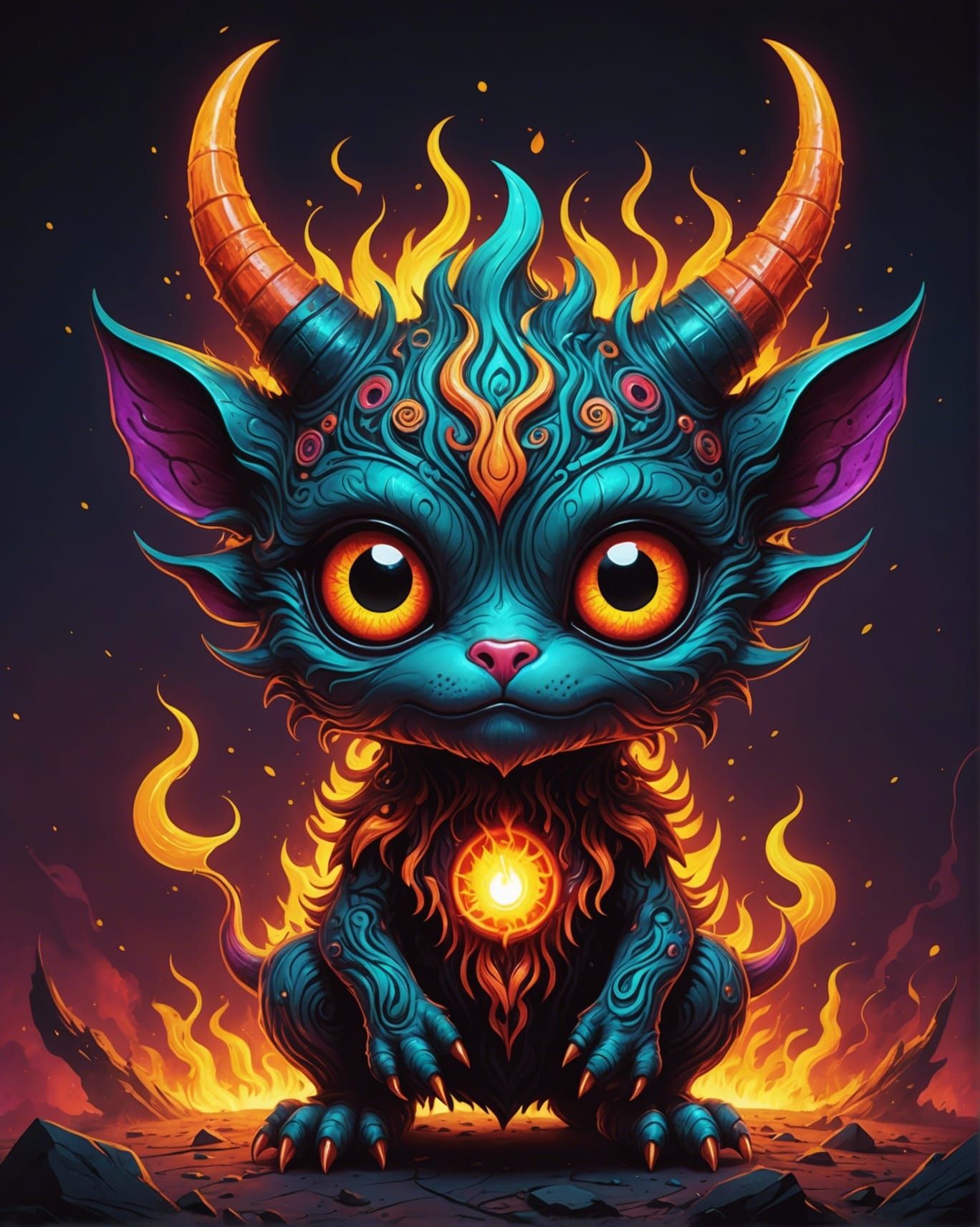 Cute Demon with Horns in Psychedelic Art Style