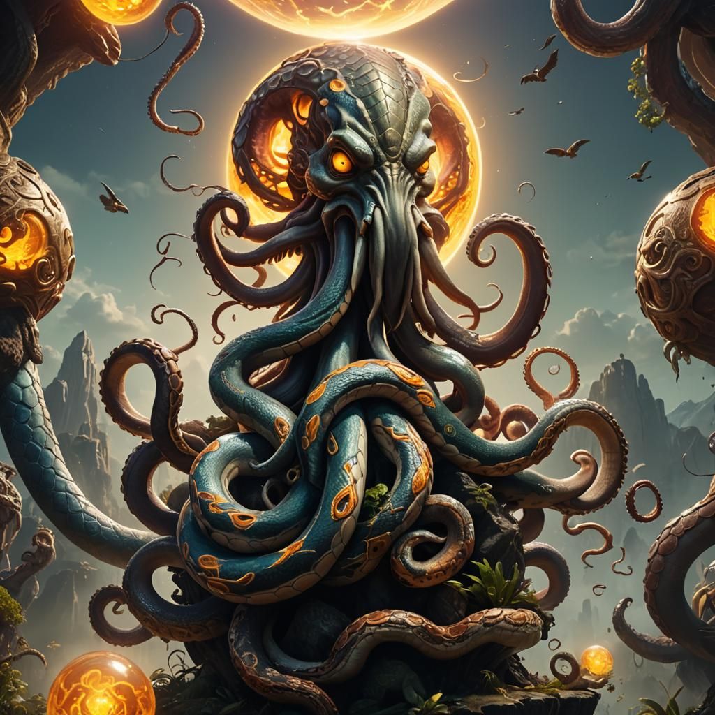 Mythical Octopus Creature with Snake Head, Digital Art