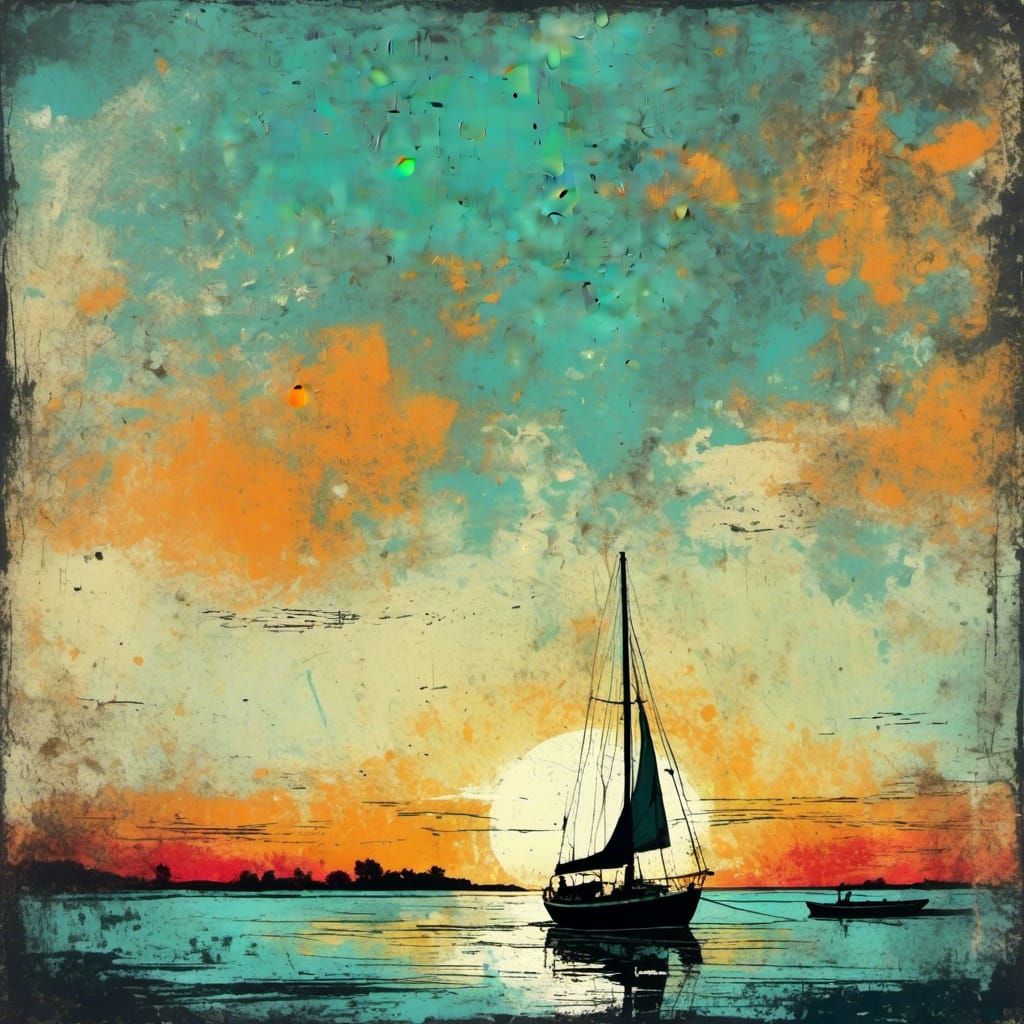 Sunset Sailboat in Pop Art Grunge Style