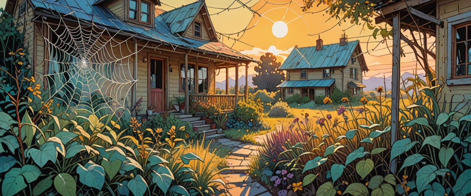 Dew-Kissed Webs on Abandoned House, Watercolor Style