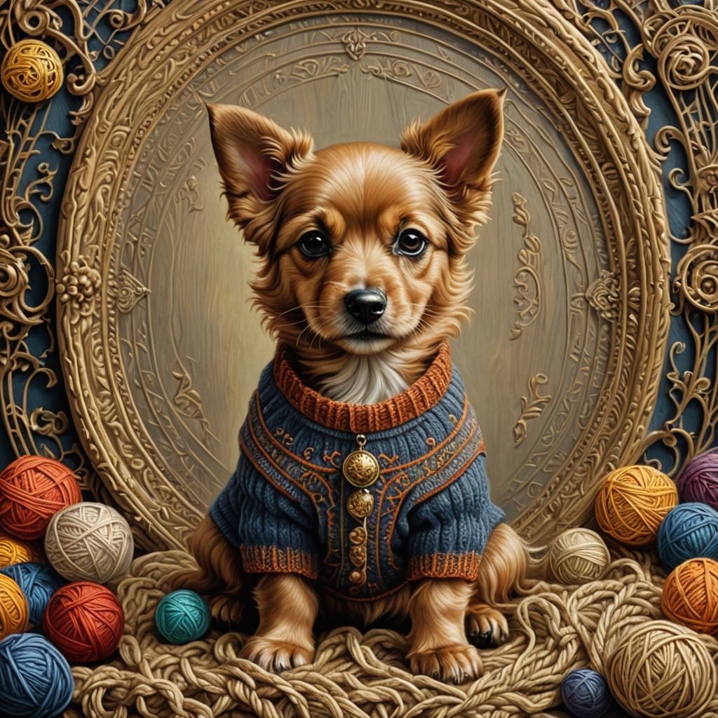 Dog in Knitted Sweater: Hyperrealistic Art Deco Painting