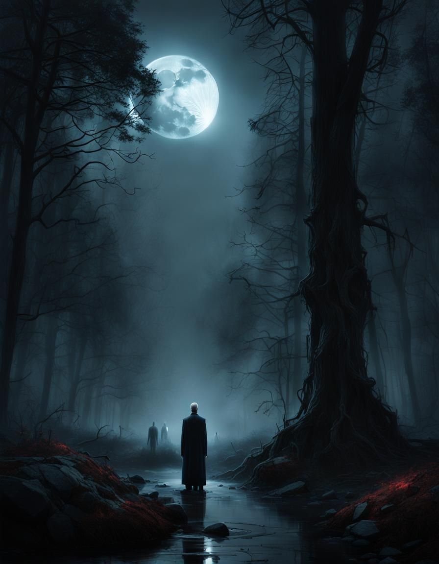 Slender Man Water Fountain in Shadowy Forest