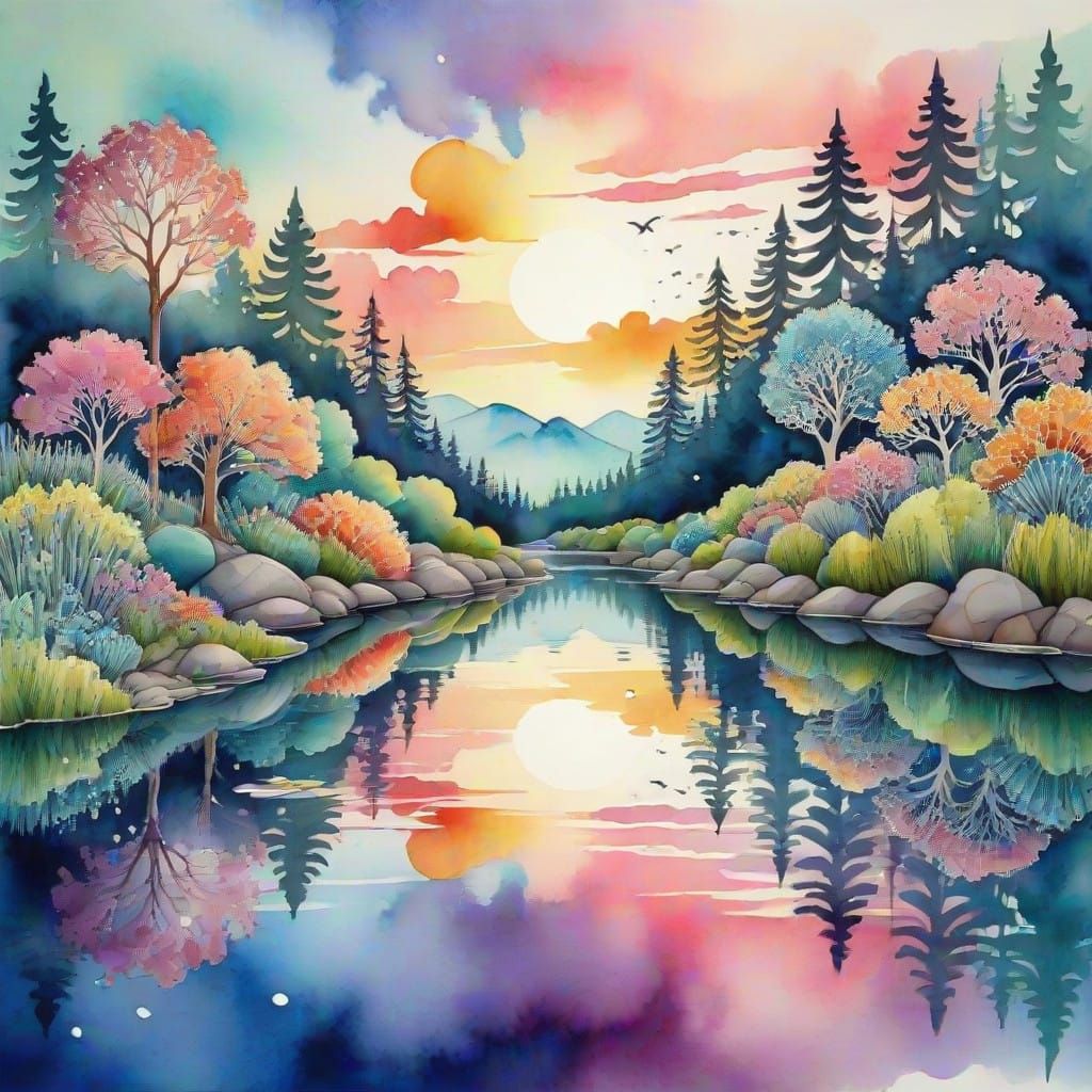 Vibrant Watercolor Dreamscapes with Whimsical Reflections