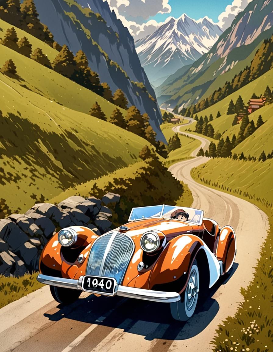 Vintage Car on Alpine Road in Anime Style