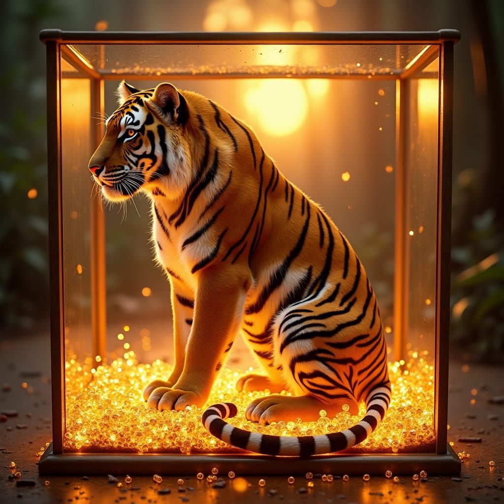 a huge detailed thunderstorm tiger at golden magical sunset, long tail sitting in a glass jewelry box overflowing with g...