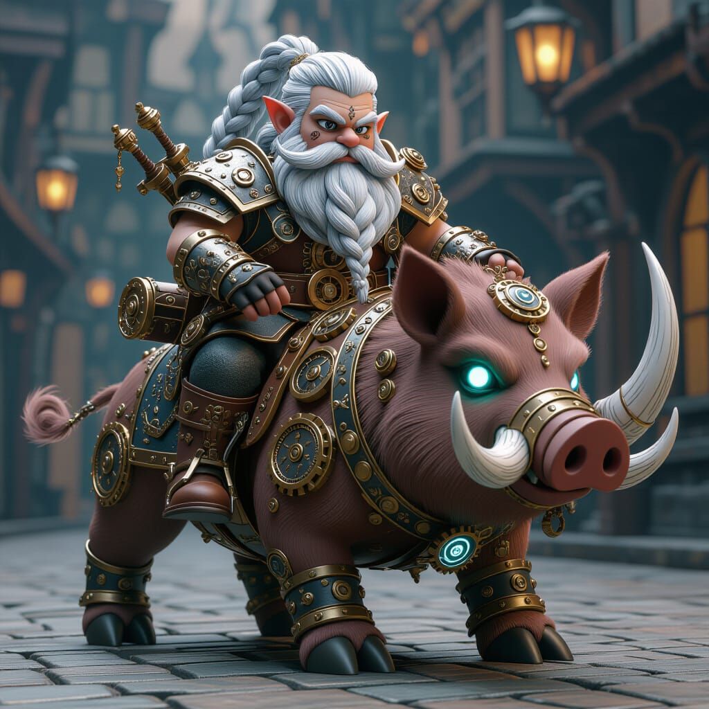 Steampunk Dwarf Riding Clockwork Boar in Anime Style