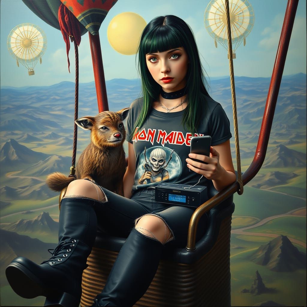 Surreal Woman in Hot Air Balloon, Dali-Inspired Art