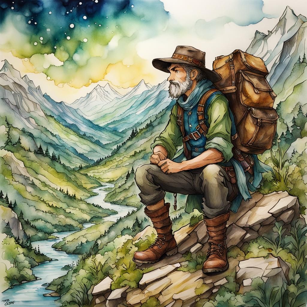 Anime Ranger in Mountain Valley, Alcohol Ink Style