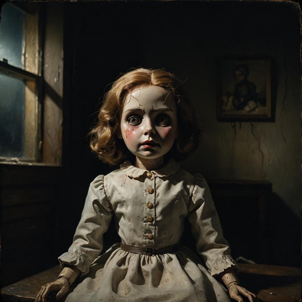 Ominous Doll in Dark Academia Oil Painting