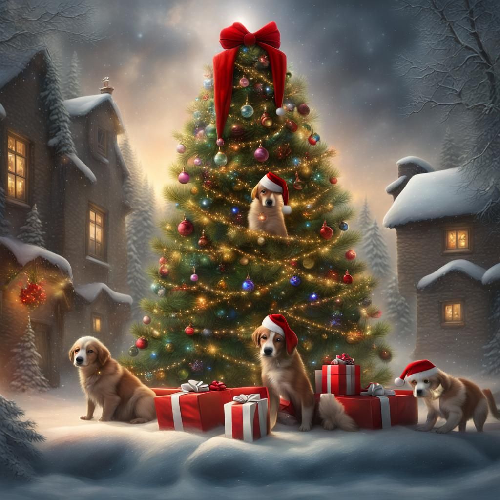 Christmas Tree with Puppy in Santa Hat