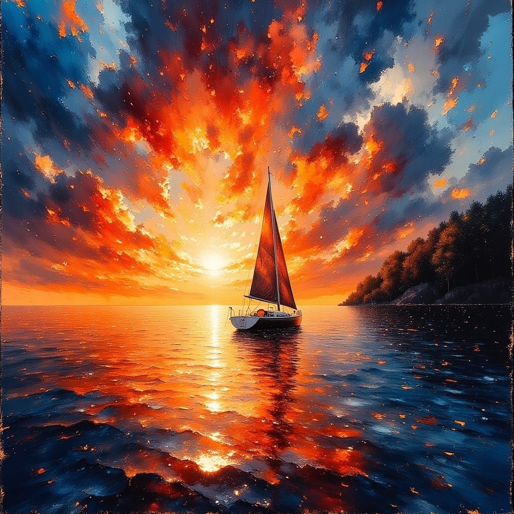 Dramatic Sunset Sailboat Over Glistening Ocean