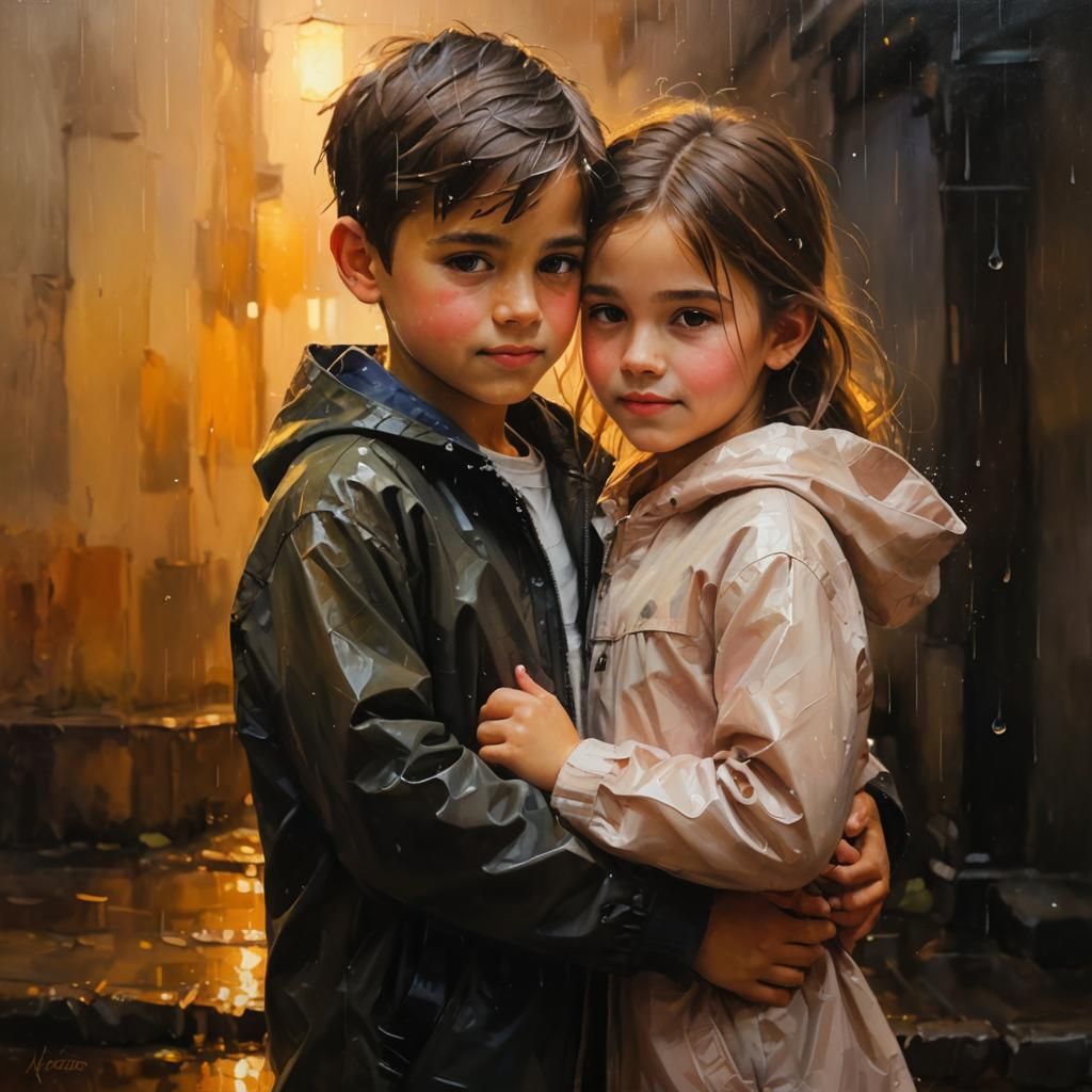 Children in Rain: A Vibrant Impasto Oil Painting