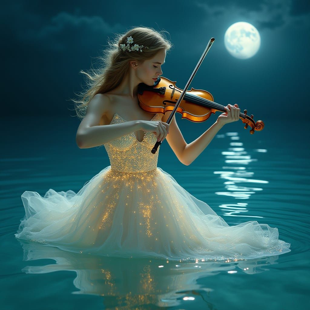 Ethereal Violinist on Bioluminescent Ocean at Night