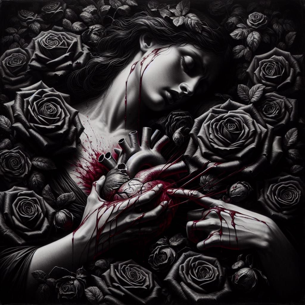 Bleeding Heart Surrounded by Black Roses in Oil