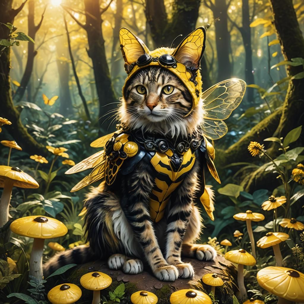Cat in Bee Costume in Lush Forest