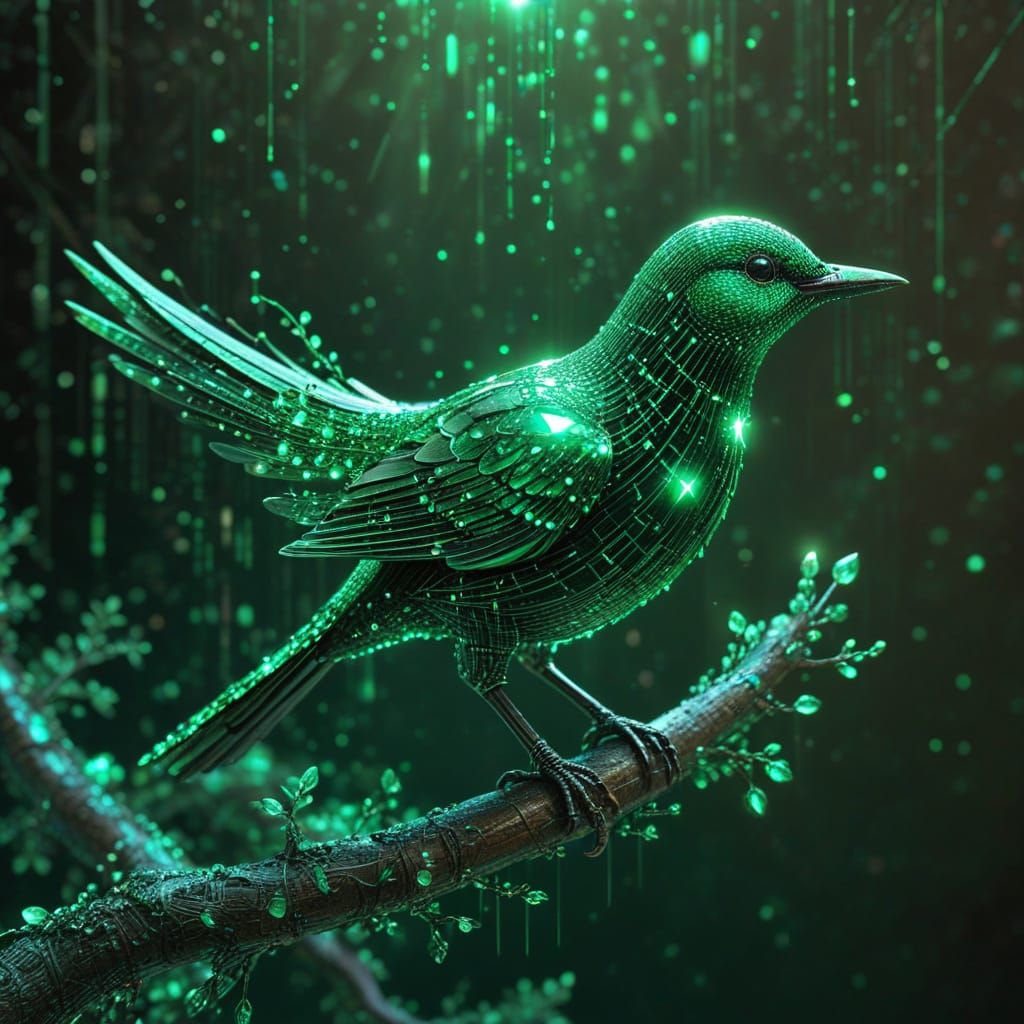 Sparkling Emerald Bird on Binary Code Branch