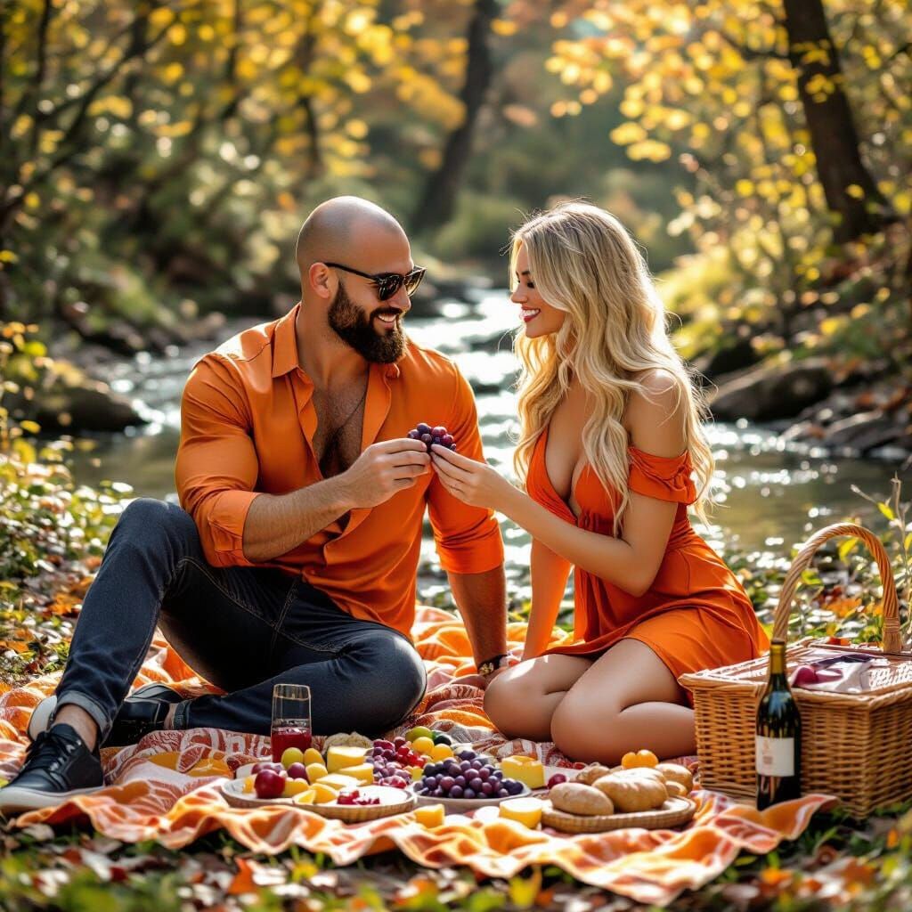 Romantic Autumn Picnic Scene with Couple in Forest
