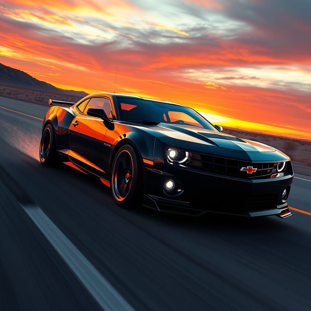 Camaro Speeding at Sunset in Futuristic Style