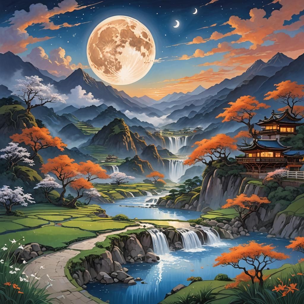 Ethereal Fantasy Landscape with Moon, Astral Illustration