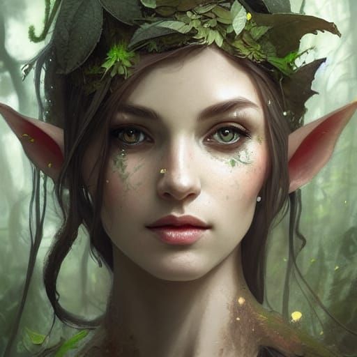 Elf Female Portrait with Moss, Detailed Art