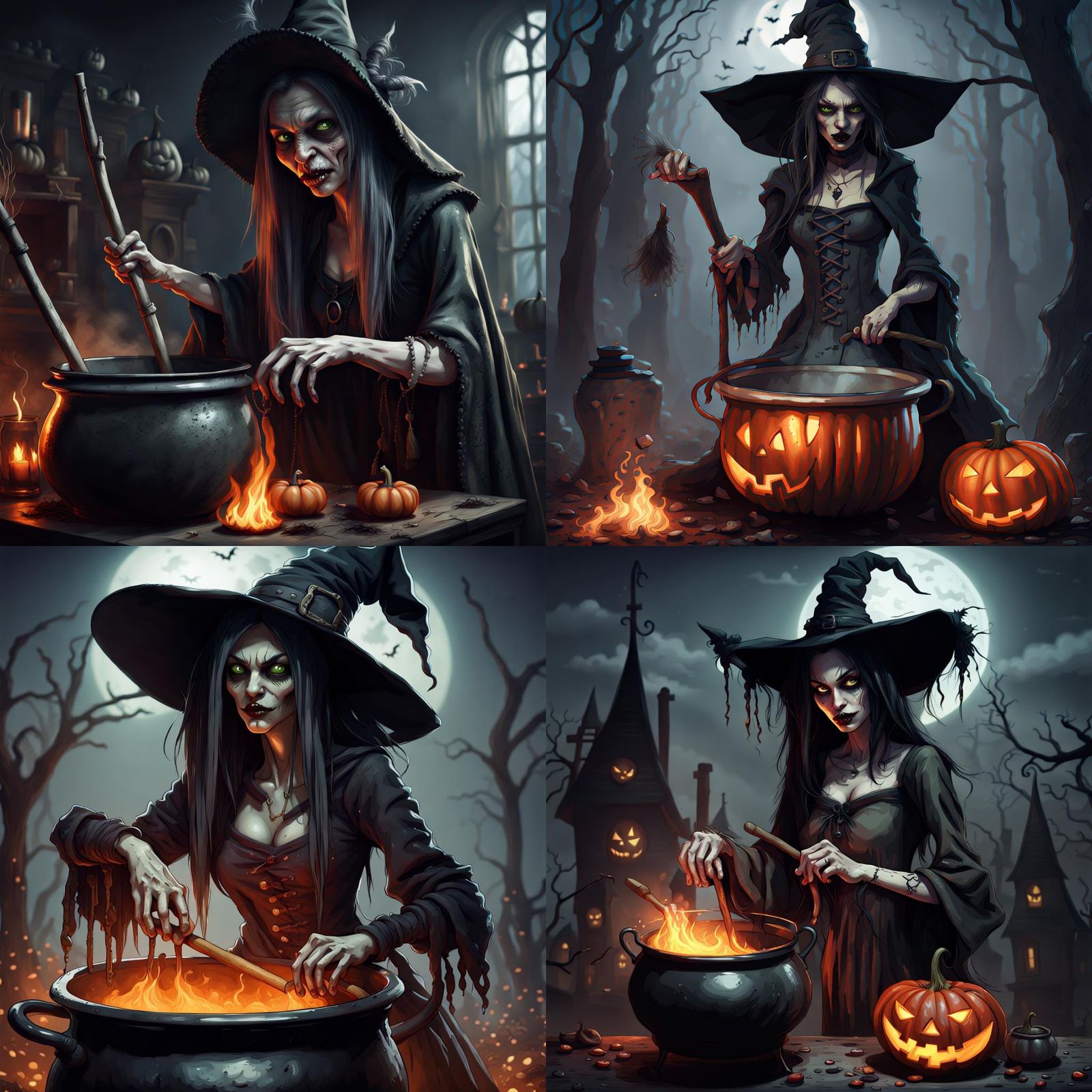 Halloween Witch Stirring Cauldron: Gothic Dystopian Art