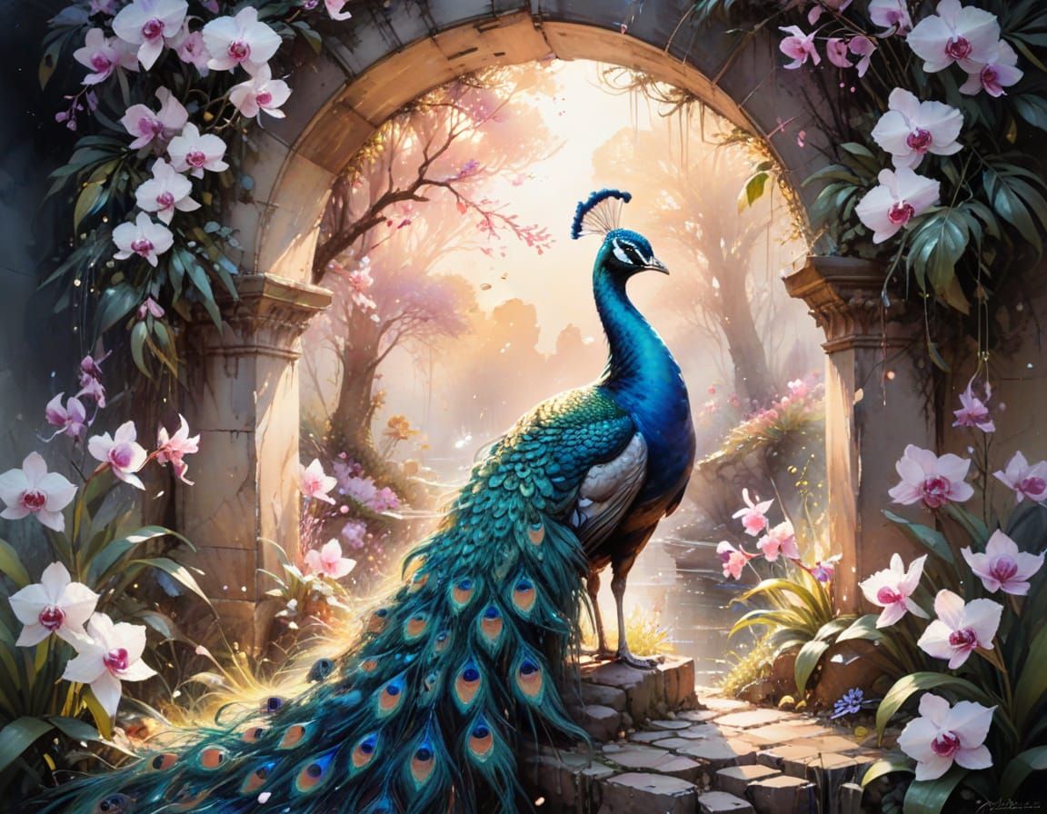 Radiant Peacock in Enchanted Garden, Watercolour Art