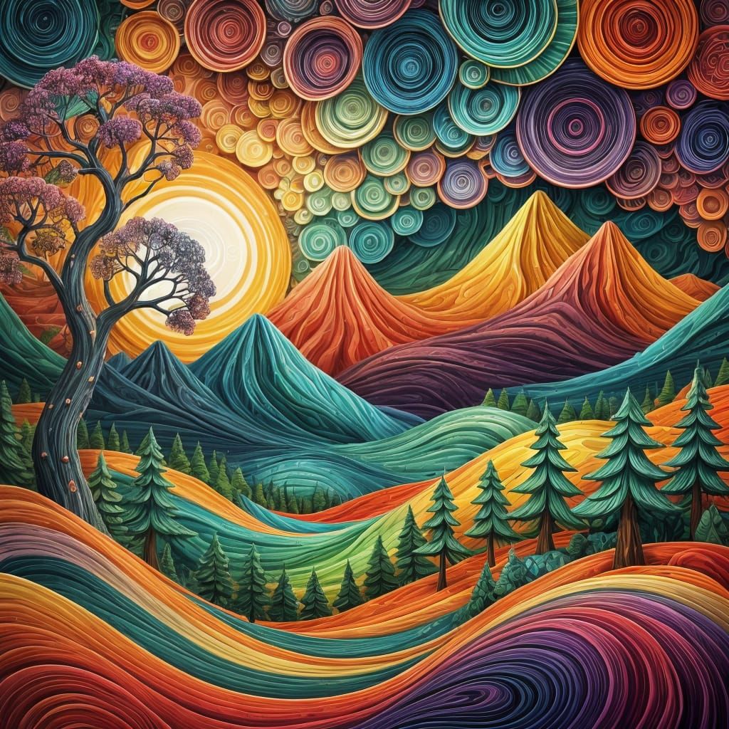 Colorful Fold Art Nature Scene with Sunrise