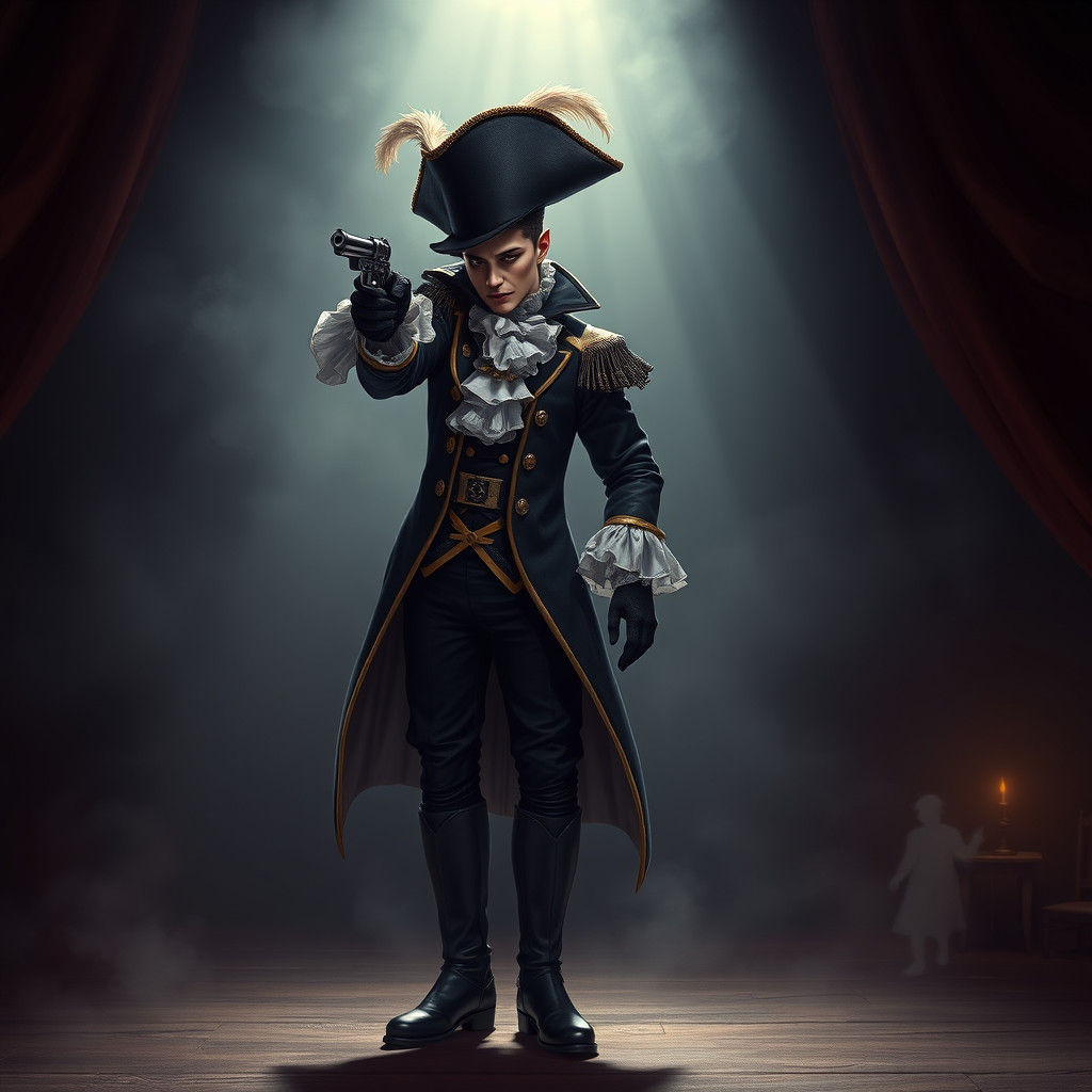 Mysterious Trickster in Lavish Costume Points Pistol