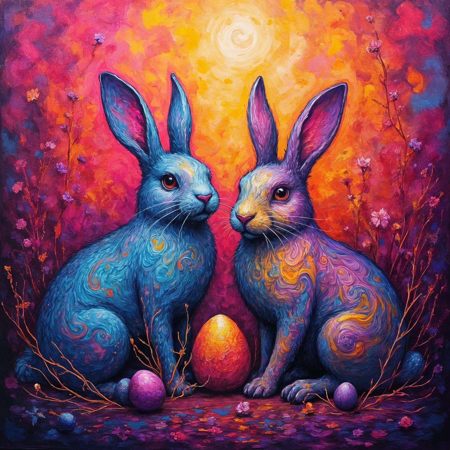 Vibrant Easter Bunnies in Whimsical Abstract Art