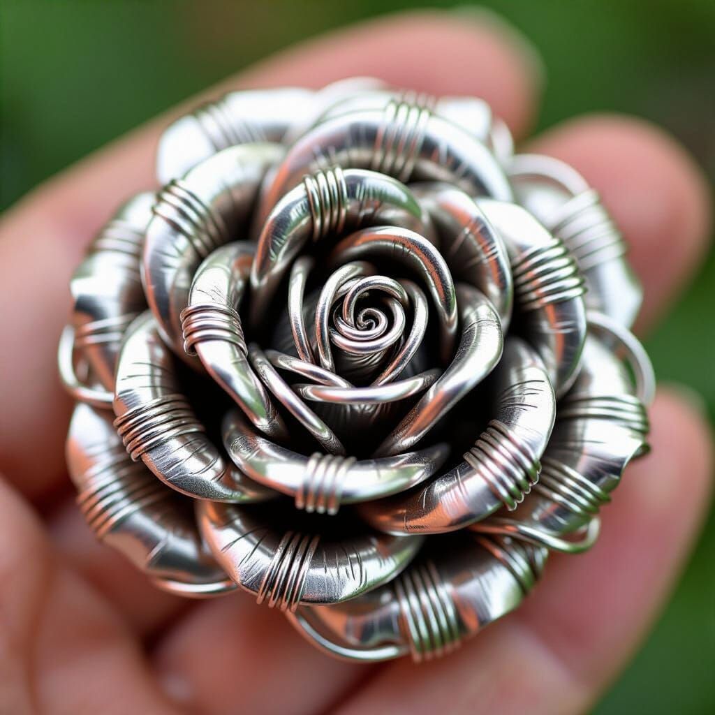 A intricate rose made from silver wrapped wire