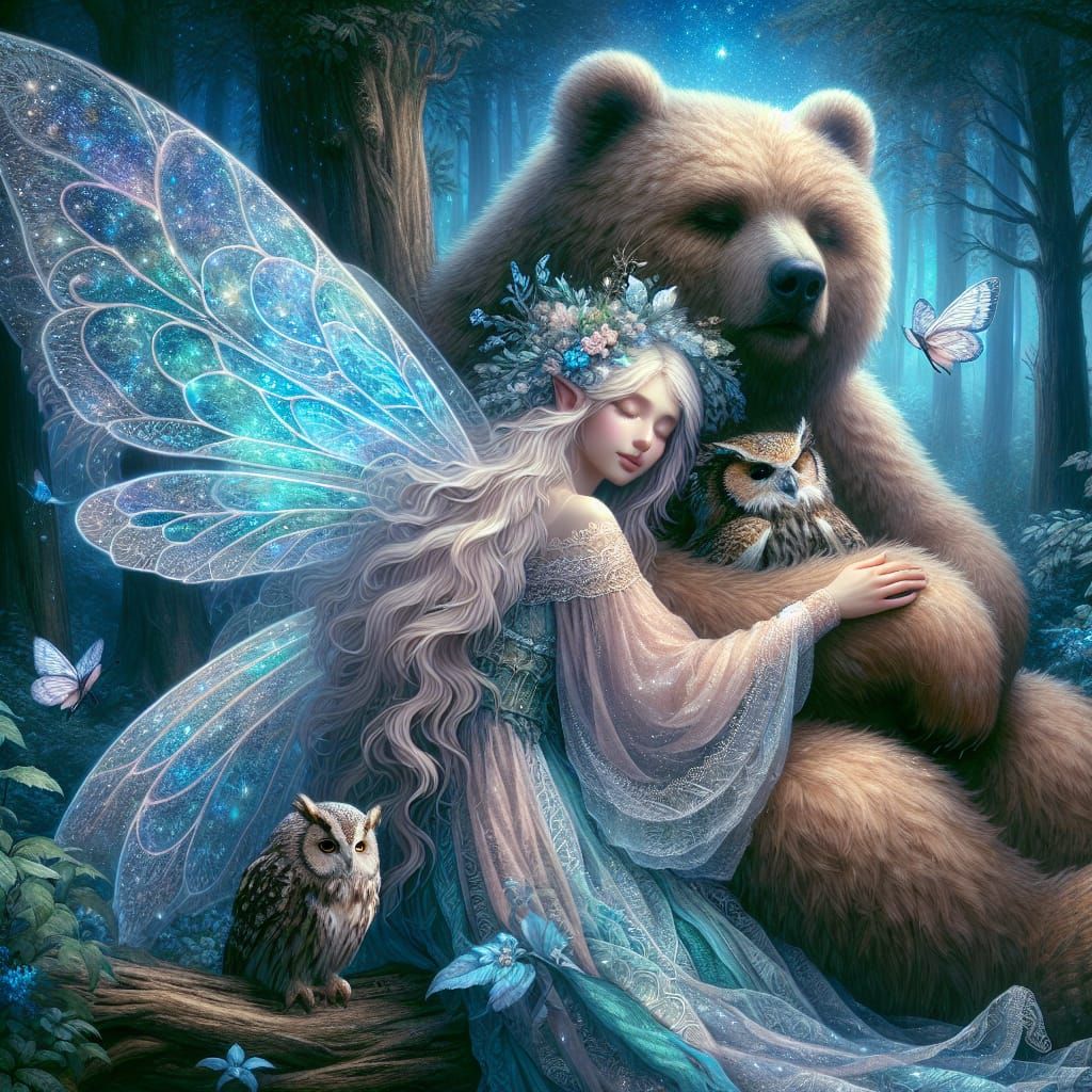 Woodland Fairy and Owlbear in Enchanted Forest