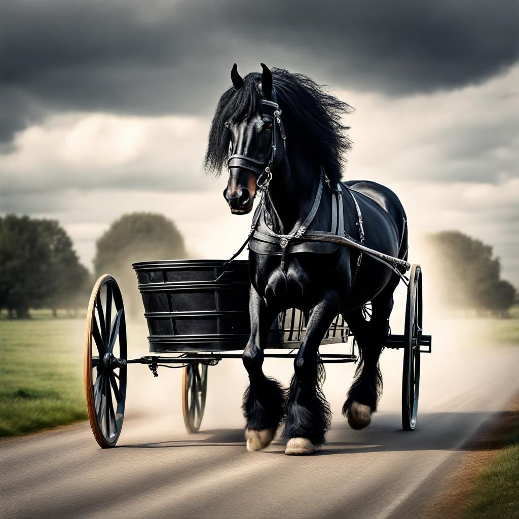 Majestic Black Friesian Horse Pulling a Cart