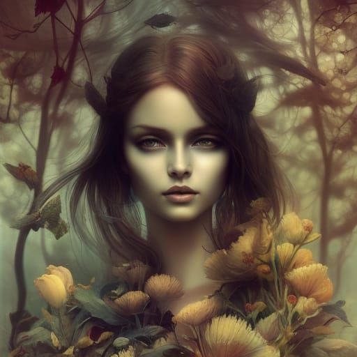 Mushroom Flora Woman with Seashells in Fantasy Art