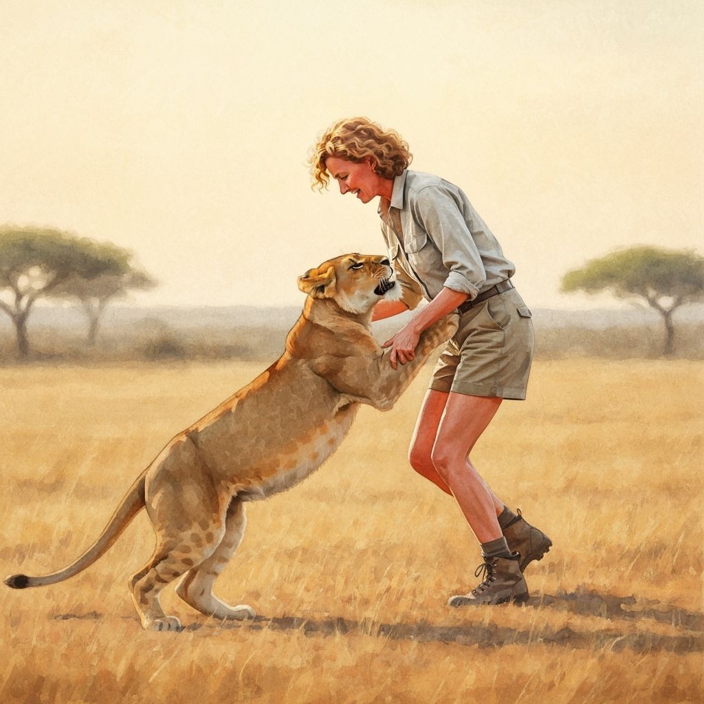 Woman and Lioness in Kenya, Watercolor Portrait
