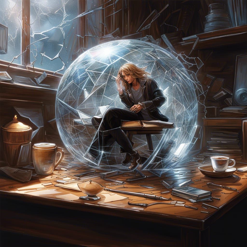 Coffee Cup in Shattered Glass Sphere, Dark Photography