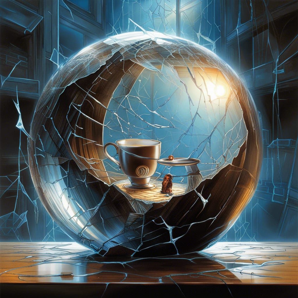 Coffee Cup in Shattered Glass Sphere