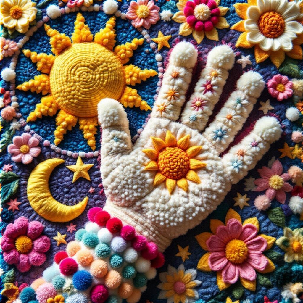 Giant Pom Pom Quilt With Celestial Patterns