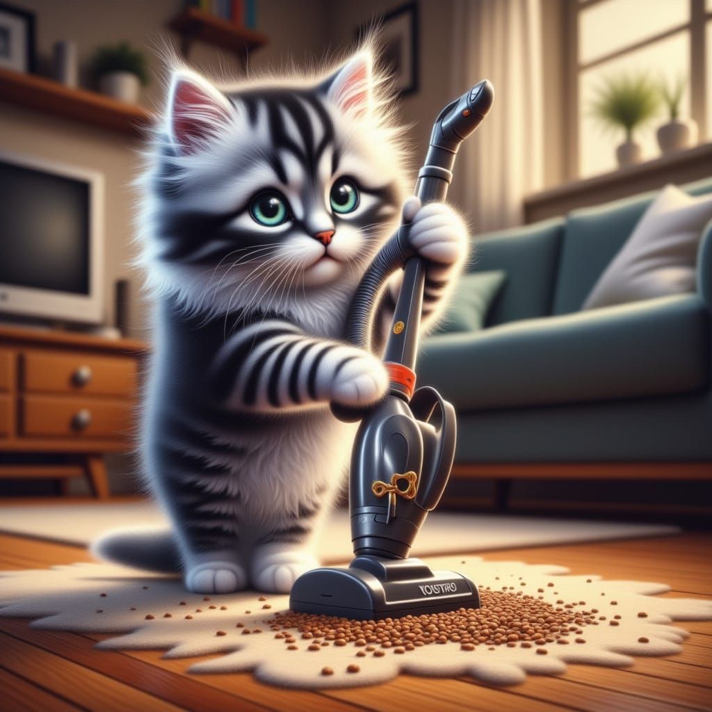 Kitten Vacuuming a Cat Food Mess in a Hyperrealistic Living ...