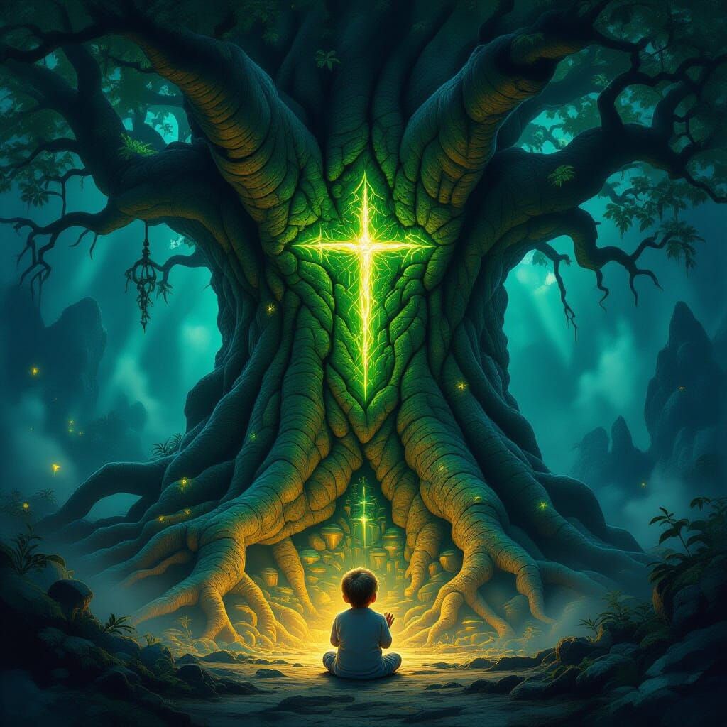 Baby Prays Under Ancient Rune Tree Sanctuary