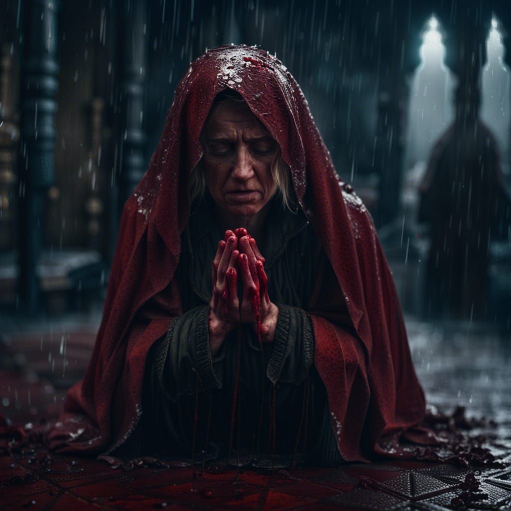 Medieval Woman Praying in Rain: Dramatic Digital Painting