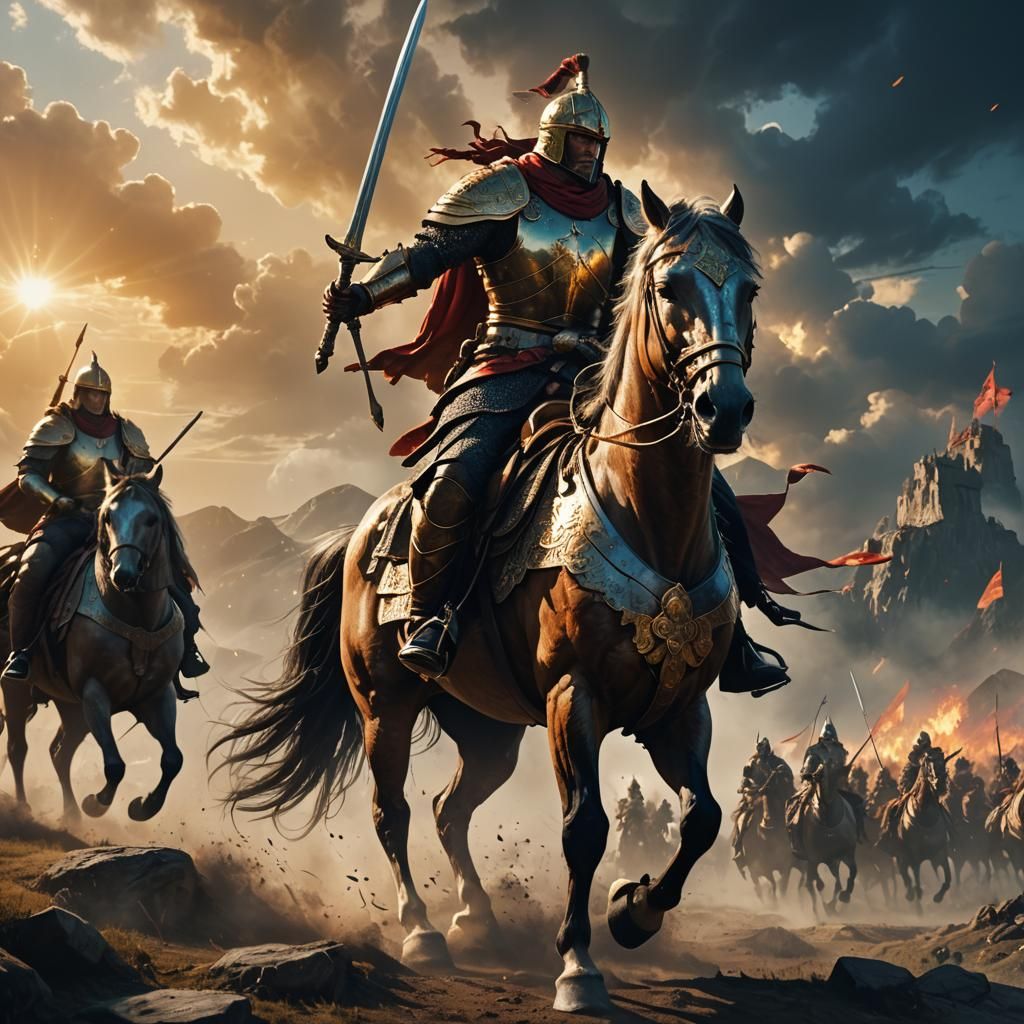 Epic Warrior on Horseback in Golden Light