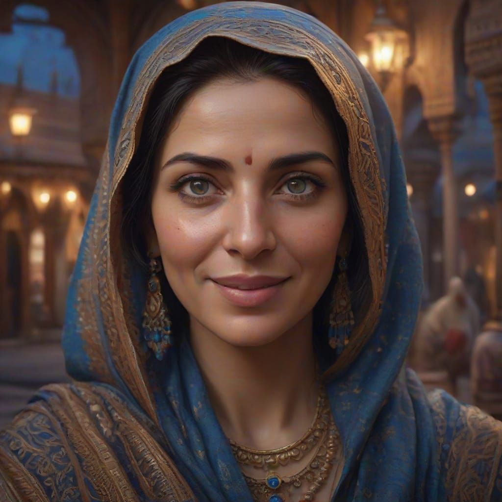 Mature Arabic Woman Radiates Confidence in Vibrant Oil Paint...