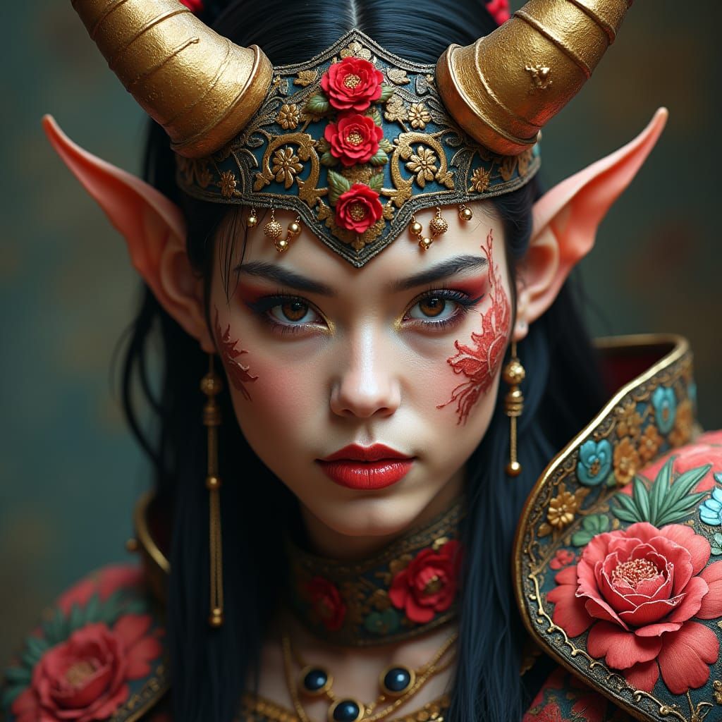 Floral Armored Demon Warrior: High-Fashion Polaroid Portrait