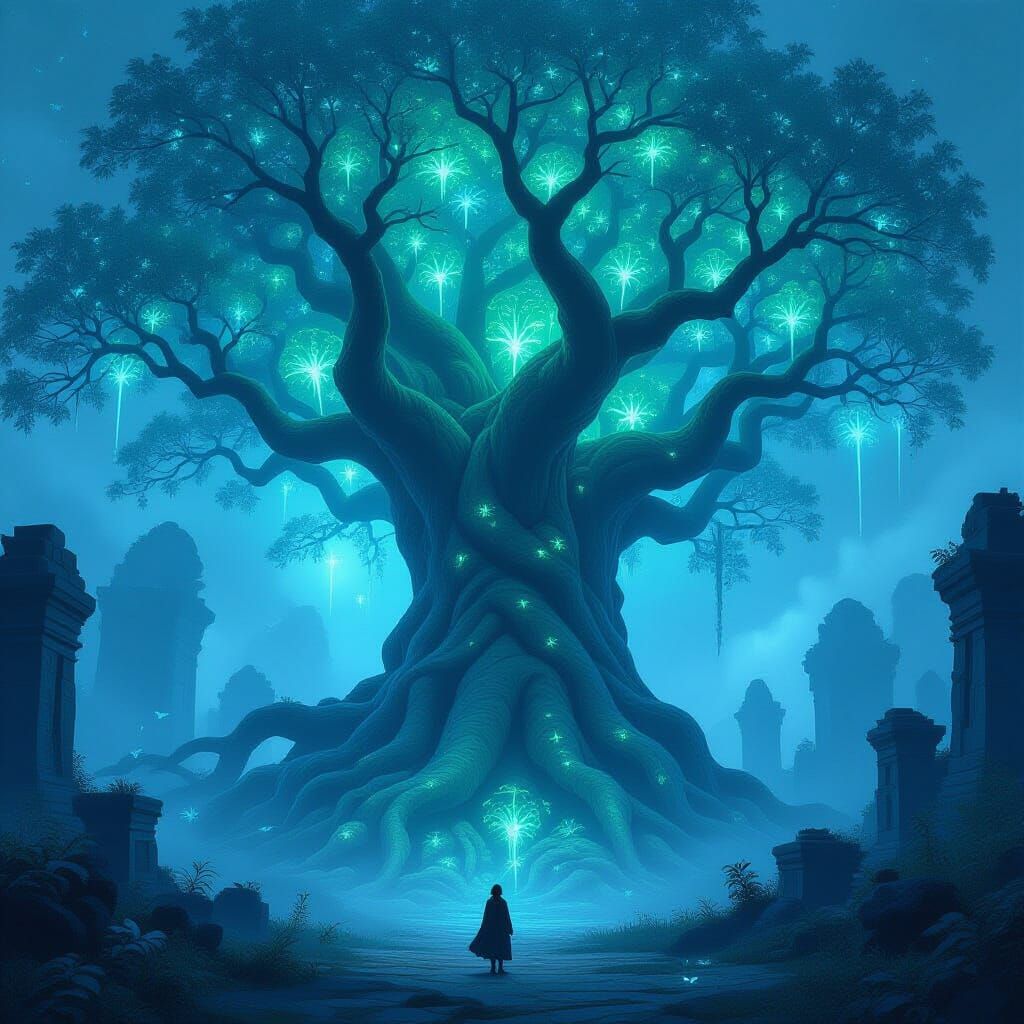 Ancient Bioluminescent Tree in Ethereal Forest Clearing