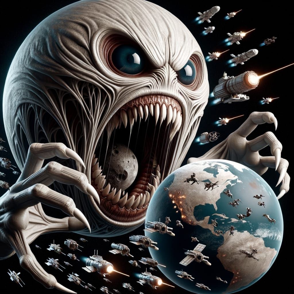 Cosmic Monster Devours Moon in Cyberpunk Style