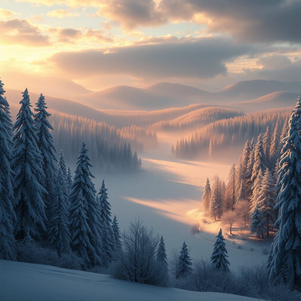 Surreal Winter Wonderland Illuminated by Golden Light
