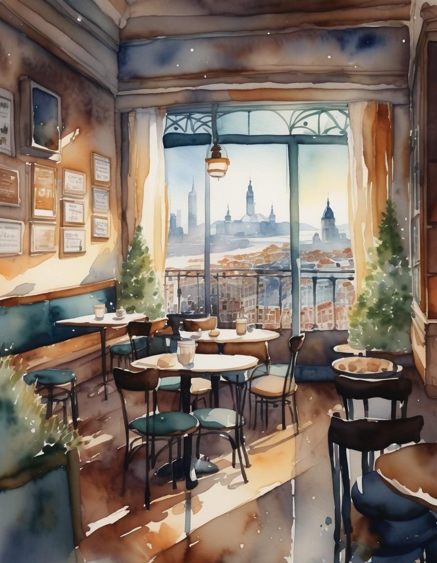 Cozy Café with City View, Watercolor Art