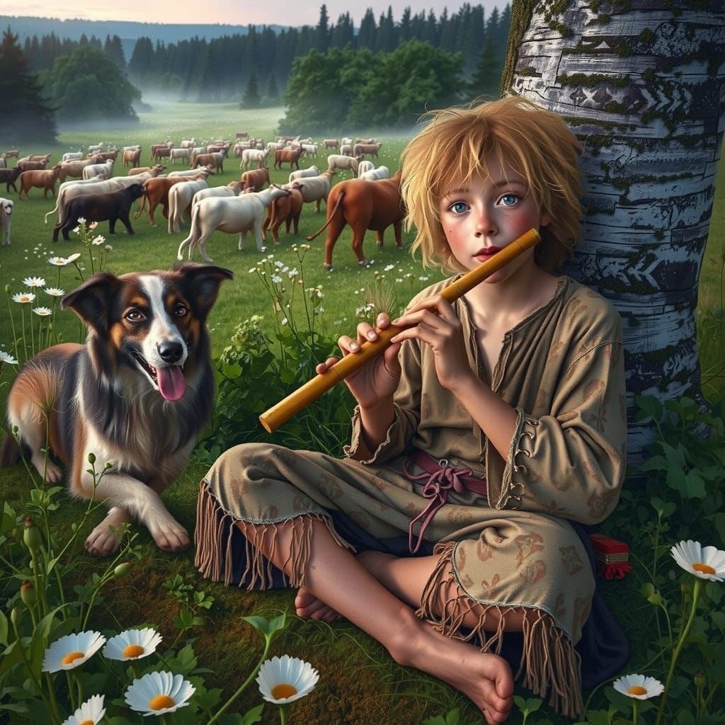 Elegant Woman Plays Flute in Whimsical Landscape