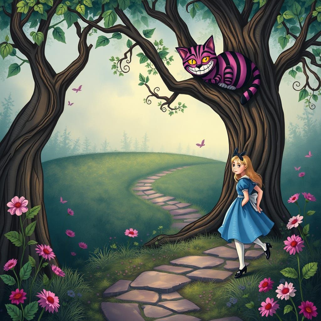 Alice Follows Winding Path to Cheshire Cat in Dreamscape